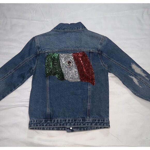 Hija De Tu Made Denim Jacket Women’s Size XS Blue Sequin Mexican Flag Distressed - Picture 11 of 16